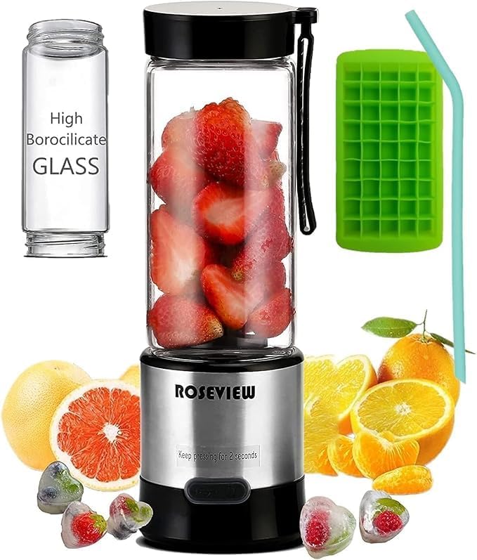 Portable Smoothie blender Glass bottle Mini USB rechargeable 2 battery Handheld Shakes blend Cup USB juicer Cordless Personal smoothies maker mixer (Stainless)