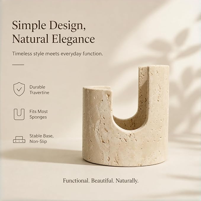 Natural Travertine Sponge Holder for Kitchen Sink – Solid Stone Cylinder Sponge Caddy with Dual-Height Cut-Out, Compact Countertop Sink Organizer & Modern Home Décor