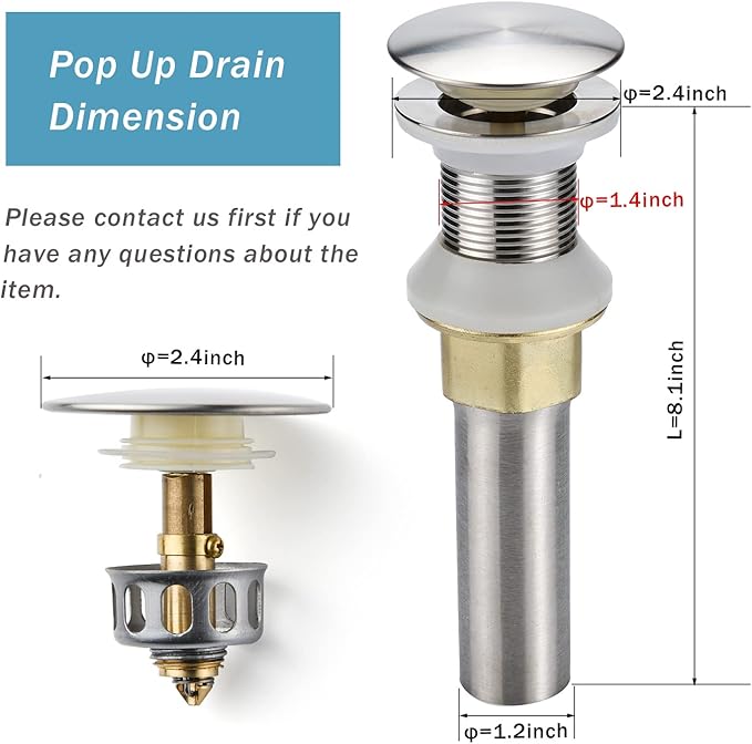 Rockgoya Bathroom Sink Drain,2 Pack Drain Stopper Bathroom Sink Without Overflow,Pop Up Drain Assembly with Detachable Strainer Basket,Built-in Anti-Clogging Strainer,Stainless Steel Brushed Nickel