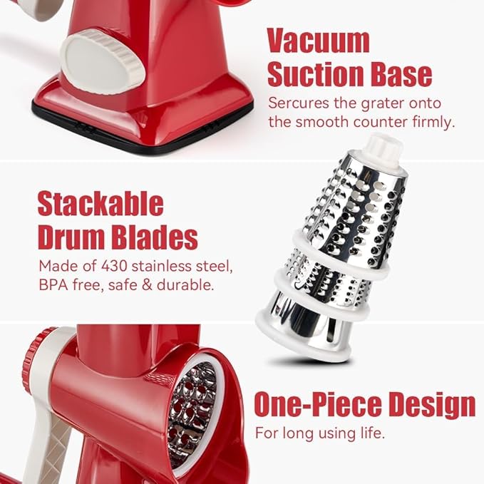KEOUKE Rotary Cheese Grater Pro 6 in 1 - Shredder Crinkle Slicer Grinder Ice Shaver, Stable Suction, Time-saving Easy Use & Clean, Safe Morden Kitchen Tool for Cheese, Vegetable, Nuts, Chocolate
