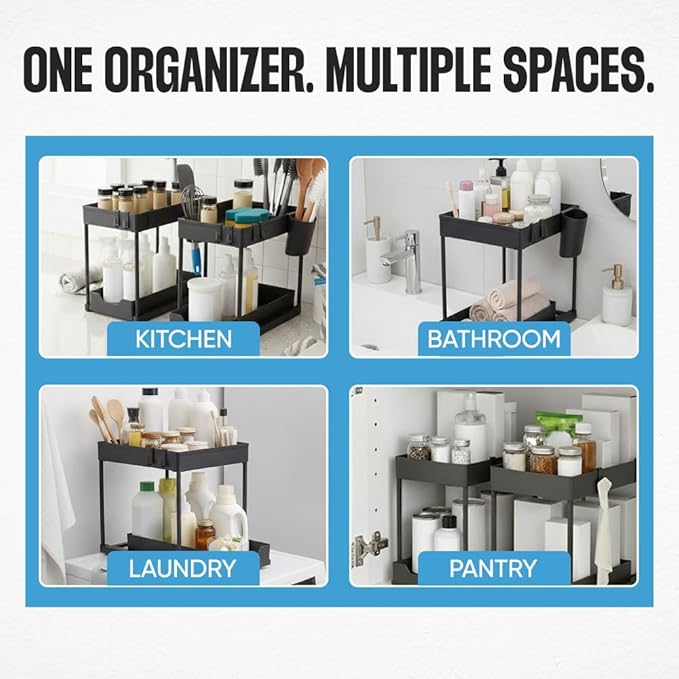Undersink Organizer, 2-Tier Under Sink Storage Rack with Sliding Drawers for Kitchen Bathroom Cabinets, Pull Out Organizer for Pantry, Laundry Room & Closet Organization - 1 Pack, Black