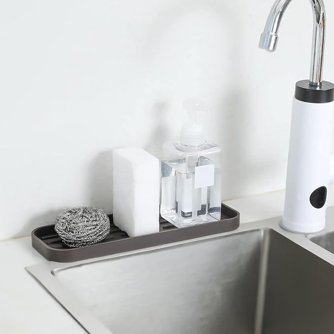 MicoYang Silicone Kitchen Sink Organizer Tray for Multiple Usage,Eco-Friendly Sponges Holder for Kitchen Bathroom Counter or Sink,Dish Soap Dispenser,Scrubber,Bottle,Cup (Coffee, 12"×4")