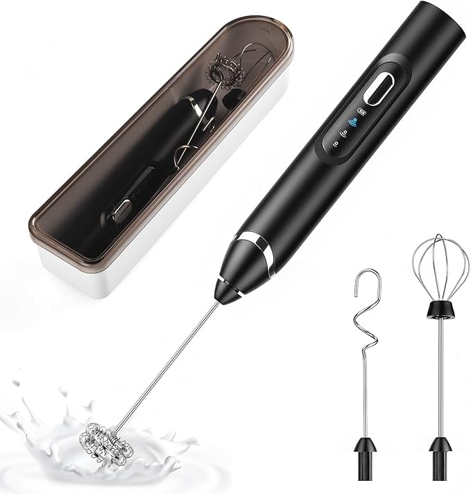 Handheld Milk Frother with Travel Case - Portable USB Rechargeable Mini Whisk for Coffee, Latte. Includes 3 whisks, storage, perfect for frothing milk, beating eggs, and blending drinks.