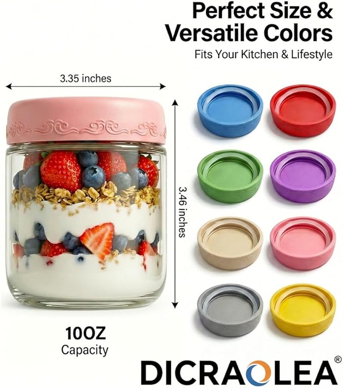 10oz 8Pack Glass Overnight Oats Jars Containers with Airtight Leakproof Lids, Reusable Mason Jars for Meal Prep, Yogurt Parfaits, Smoothies, Salads & Healthy Breakfasts(10oz-8Pack)