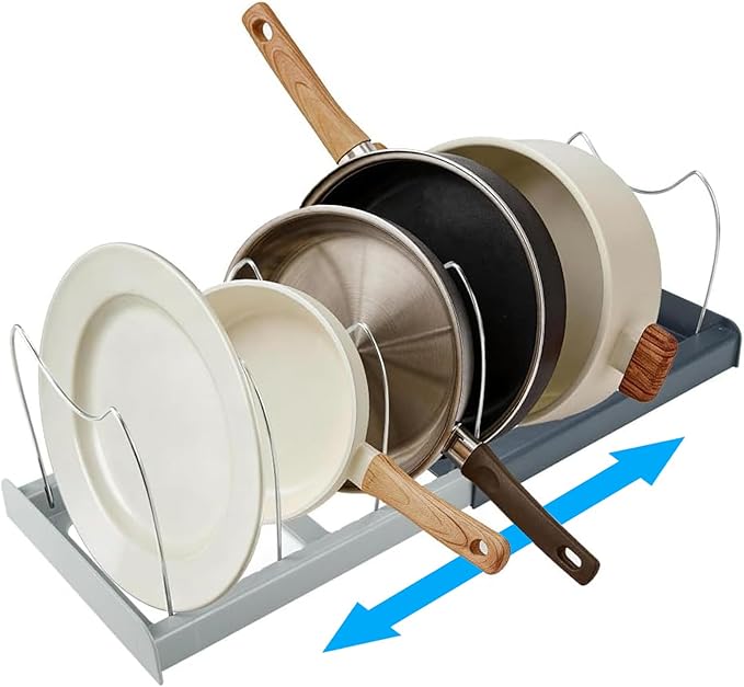 Pot and Pan Organizer Rack for Cabinet - Expandable 12" to 22" Kitchen Cabinet Organizer with 7 Dividers, Heavy-Duty ABS Base for Lids, Cutting Boards, Bakeware, Cookware Storage, Grey