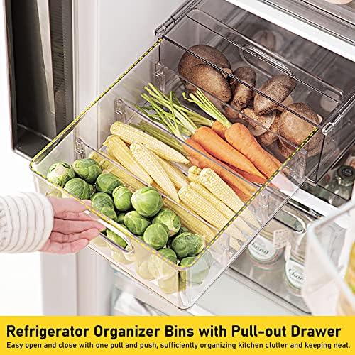 4 Pack Refrigerator Organizer Bins with Pull-out Drawer Stackable Clear Fridge Drawer Organizer Fruit Vegetable Storage Containers for Kitchen Pantry Organization (2 Large+2 Small)
