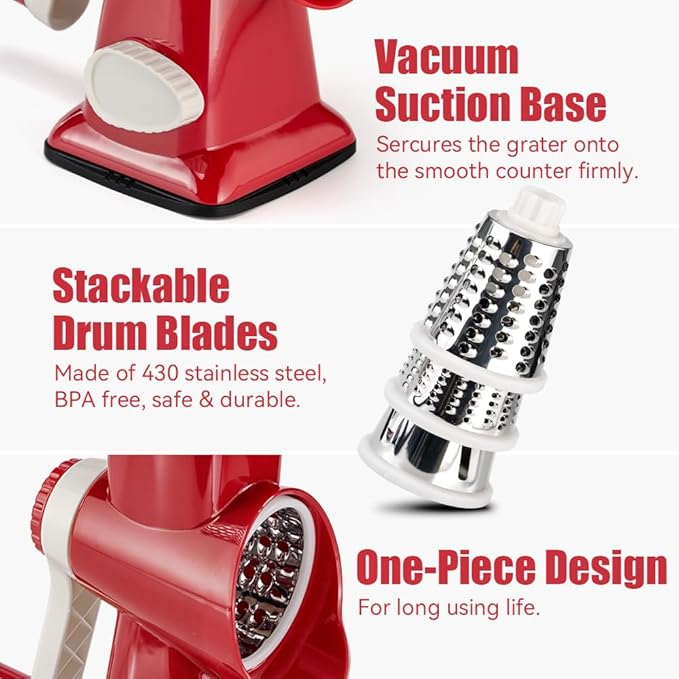 Cheese Grater Hand Crank Rotary Vegetables Shredder with Handle, 3-in-1 Graters with Interchangeable Blades and Non-slip Base Multifunctional Slicer for Kitchen