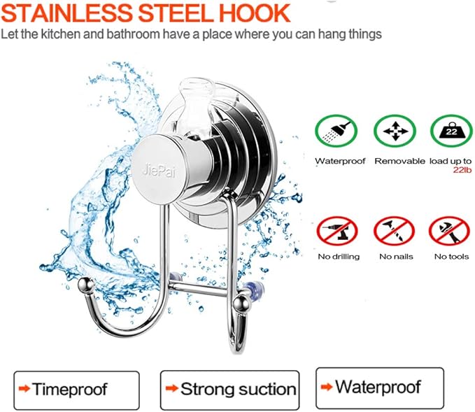 JiePai Suction Cup Towel Hooks,Shower Towel Holder for Bathroom,Suction Shower Towel Rack Organizer for Towel, Bathrobe,Loofah,Coat,Bags,Chrome (1 Pack)