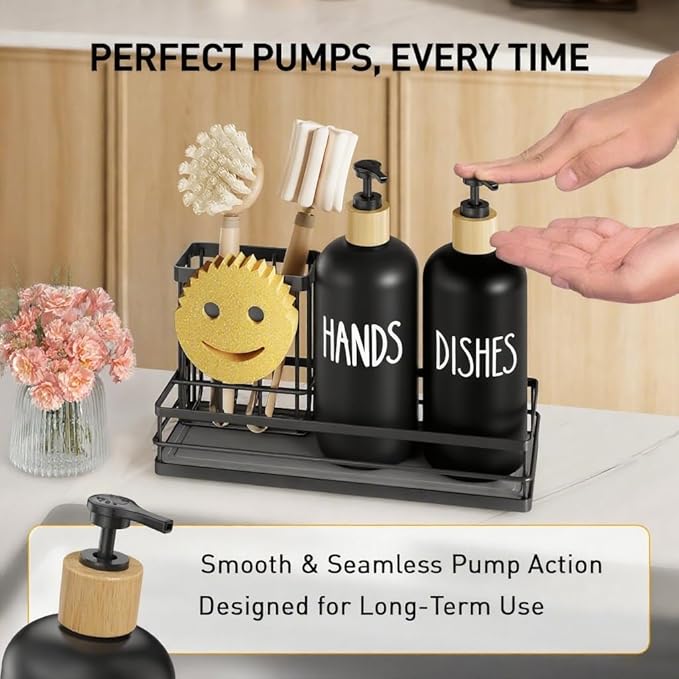 Moforoco Kitchen Dish Soap Dispenser Set, 16OZ Glass Bottle, Hand and Dish Soap Dispenser Set, Instant Dry Tray, Brush Holder with Smiley Face Sponge Holder (Black Tray+Black Bottle)