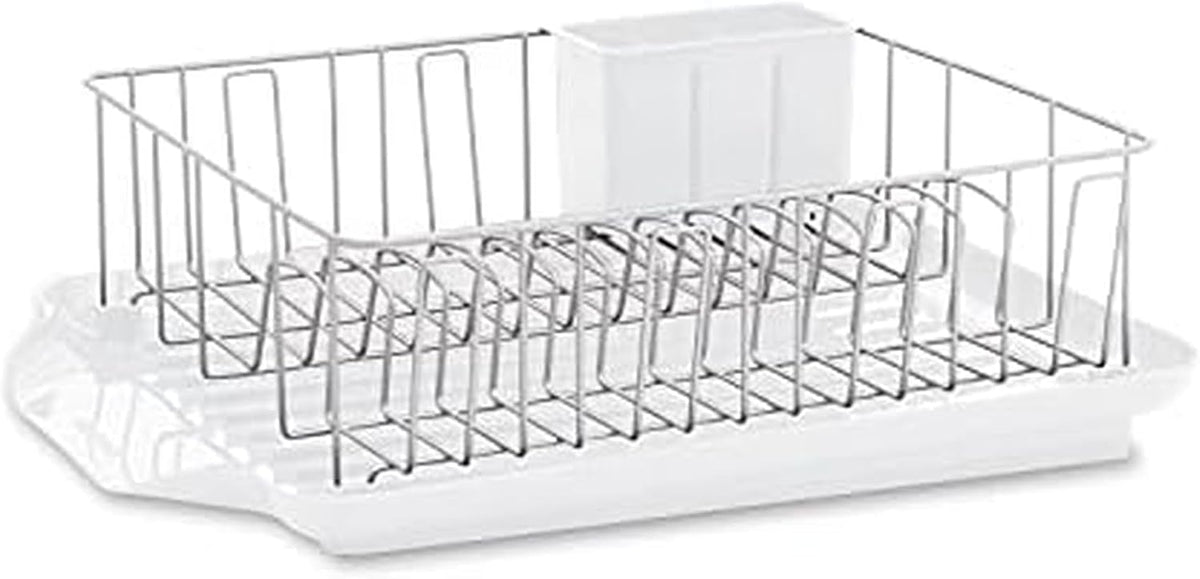 Classic Large Rust Resistant Full Dishrack with Removable 3 Compartment Flatware Caddy, Andlged Drain Board, 3-Piece, White