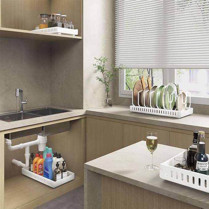 Pots and Pans Organizer Under Cabinet, Pull-out Pots and Pans Organizer, Under Cabinet Pot Lid Holder, Sliding type Pots and Pans Storage with 8 Adjustable Dividers for Kitchen