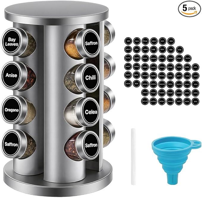 360° Rotating Spice Rack with 16 Glass Jars – Stainless Steel Countertop Seasoning Organizer with Airtight Lids, Labels, Funnel & Gift Box – Kitchen Storage for Herbs & Spices