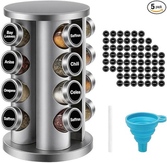 360° Rotating Spice Rack with 16 Glass Jars – Stainless Steel Countertop Seasoning Organizer with Airtight Lids, Labels, Funnel & Gift Box – Kitchen Storage for Herbs & Spices