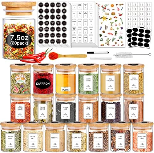 Spice Jars with Label, 7.5 oz 20pcs Spice Containers Glass Jars with Bamboo Lids, Seasoning Containers Bottles,Airtight Empty Spice Jars for Spice Rack, Drawer,Cabinet,Pantry