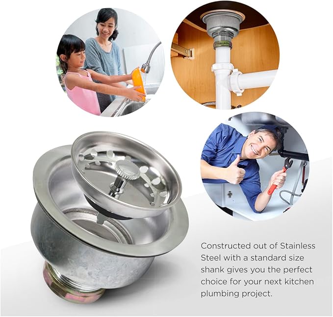 Highcraft 9753 Kitchen Sink (3-1/2 Inch) Stainless Steel Drain Assembly with Strainer Basket and Rubber Stopper Long Extended Shank (3-3/4 Inch)