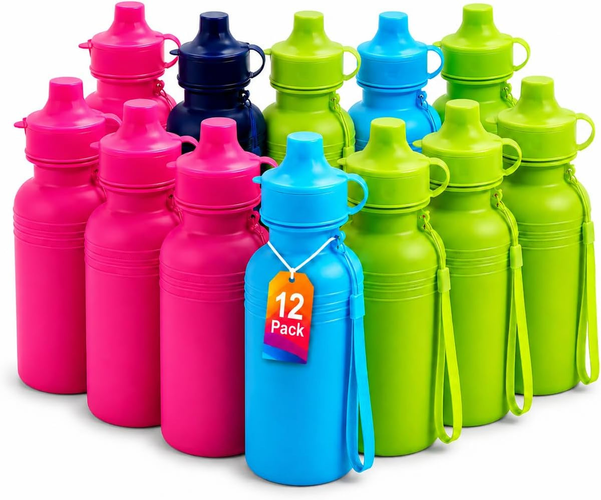 Bulk Water Sports Bottles for Kids 18 oz - 12 Pack Squeeze Reusable Plastic, Neon Colors, BPA Free, Water Bottles Party Favor Gift Giveaways, School Water Bottles