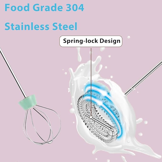 Rechargeable Milk Frother Handheld with Stand, Coffee Foam Frother Wand, Detachable Stainless Steel Whisk Drink Mixer for Coffee, Cappuccino, Lattes, Frappe, Matcha,Egg and Hot Chocolate, Green