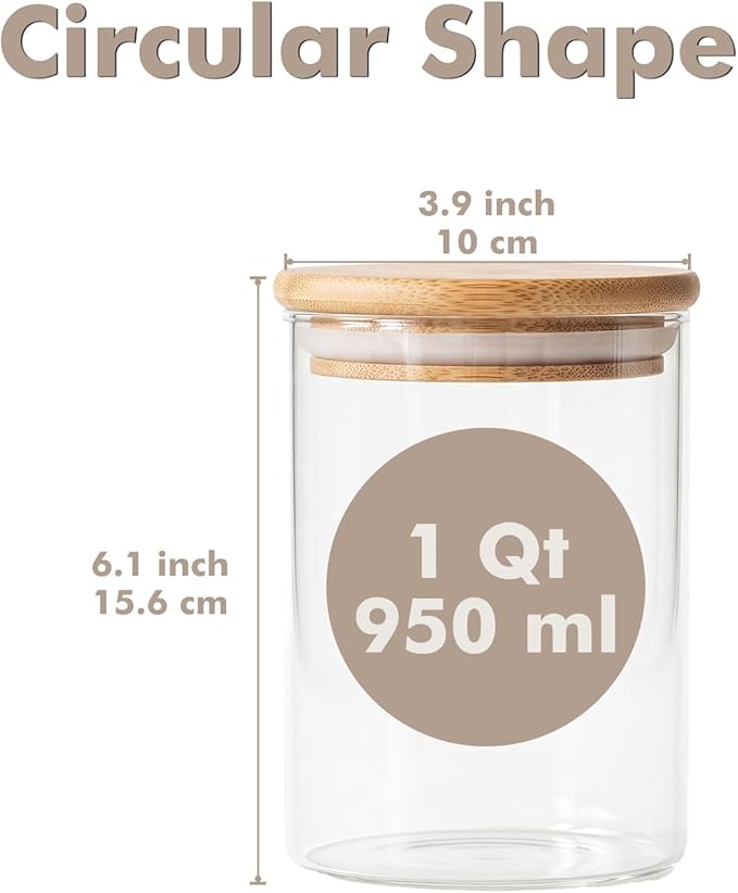 6-Pack 1Qt Round Glass Storage Jars with Bamboo Lids, Pantry Storage Containers for Neat Organization, Ideal for Minimalist Kitchen Organizer, Nut, Coffee Beans, Oats, Cookie, Candy, Tea