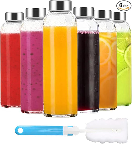 Luxfuel Clear Glass Bottles with Lids 18 oz, Reusable Glass Water Bottles with Stainless Steel Cap for Refrigerator, Juicing, 100% Leak Proof, BPA Free, Juice Bottle Drinking Jar Containers Set of 6