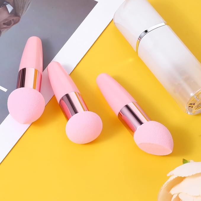Sibba 3 Pcs Little Makeup Sponges with Handle, Powder Make Up Puff Set, Wet and Dry Foundation Blending Applicator, Cosmetic Concealer Face Brush, Lightweight Mini Beauty Sponges for Eyes and Sticks