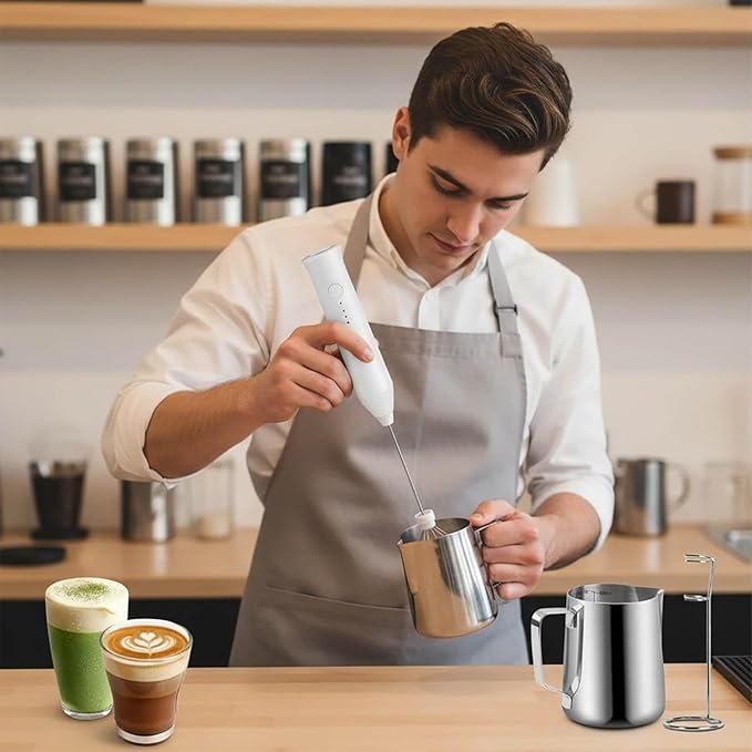Powerful Milk Frother, Electric Handheld Milk Frother with Stand