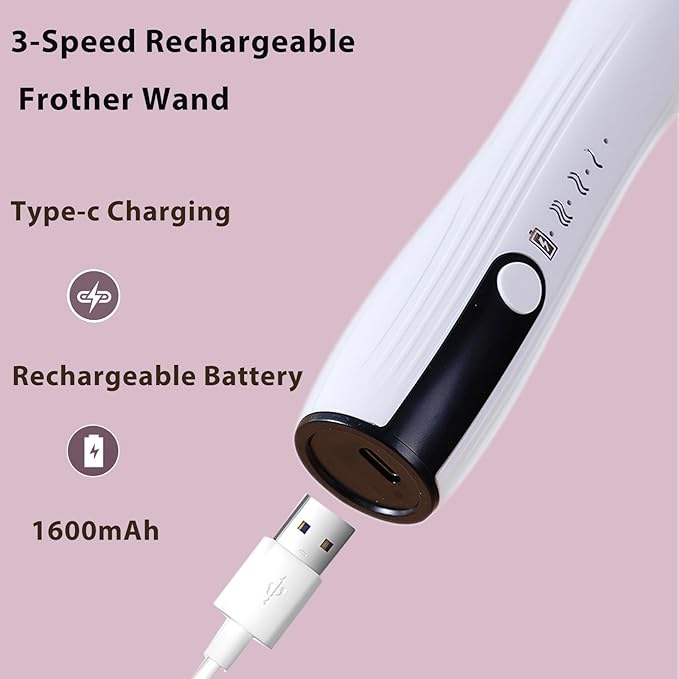 Rechargeable Milk Frother Handheld with Stand, Coffee Foam Frother Wand, Detachable Stainless Steel Whisk Drink Mixer for Coffee, Cappuccino, Lattes, Frappe, Matcha,Egg and Hot Chocolate, White