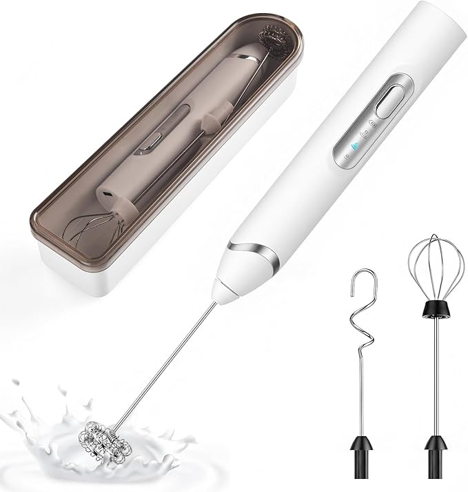 Handheld Milk Frother with Travel Case - Portable USB Rechargeable Mini Whisk for Coffee, Latte. Includes 3 whisks, storage, perfect for frothing milk, beating eggs, and blending drinks.