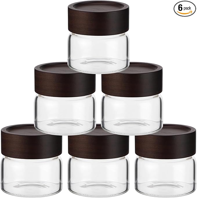6 Pack Glass Spice Jars, Small Glass Canisters with Wooden Lids, 3.7 oz Stackable Airtight Glass Jars for Spices Snacks Overnight Oats, Clear Storage Containers for Pantry Shelves Kitchen