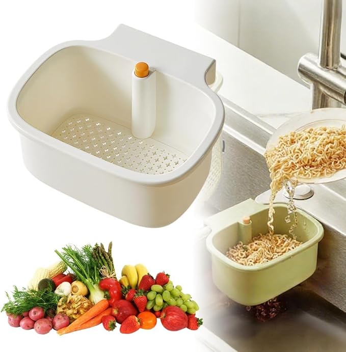 Kitchen Sink Strainer Basket, Faucet Hanging Strainer, Multi-Functional Food Colander,Press Automatic Dumping Kitchen Draining Basket, Easy Drain Filter with Bottom Release (White)
