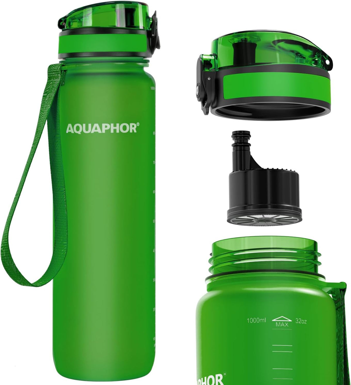 Filtered Water Bottle, Leakproof, BPA-Free, Motivational Markings, Travel, Everyday Use. 40-Gallon Filter, Replaces 300 Plastic Water Bottles. Includes 1 Filter, 22 FL Oz, Green by Aquaphor