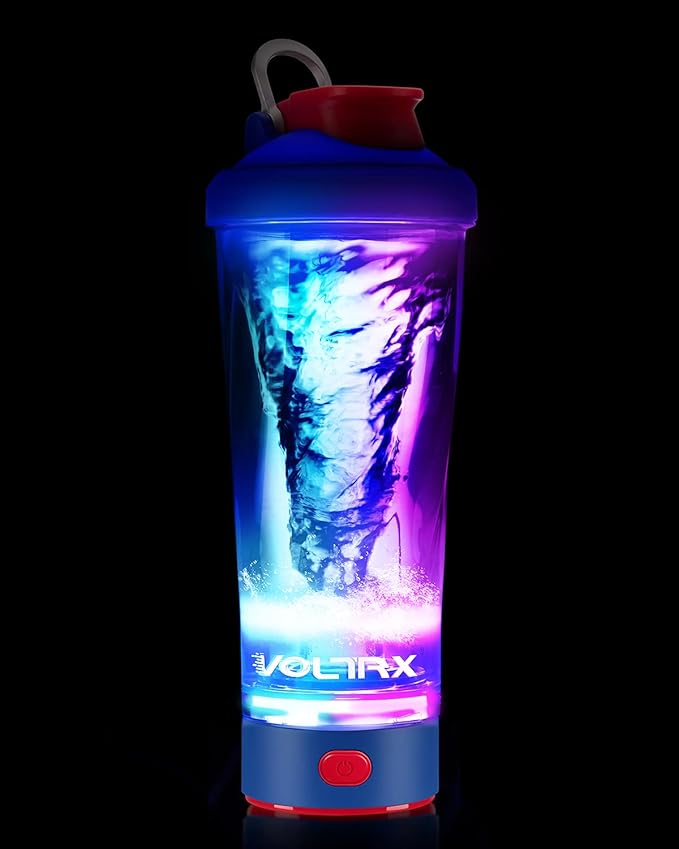 VOLTRX Electric Shaker Bottle - VortexBoost Portable USB C Rechargeable Protein Shake Mixer, Shaker Cups for Protein Shakes, BPA Free, Waterproof, Colored Light Base, 24 oz (Power Blue)