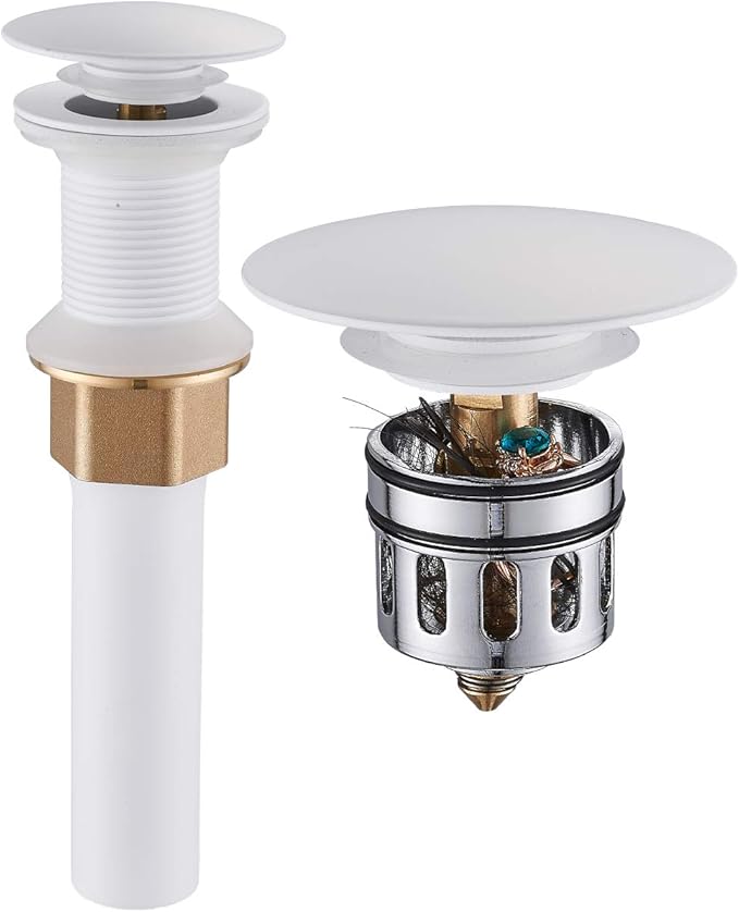 REGALMIX Pop Up Drain, Bathroom Faucet Vessel Vanity Sink Drain Stopper, Built-in Anti-Clogging Strainer, Without Overflow White,Fits Standard American Drain Hole(1-1/2" to 1-3/4") RWF082E
