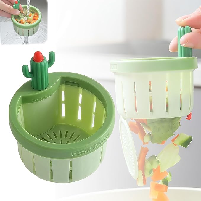 Cactus Kitchen Sink Drain Strainer, 2026 Upgrade Press Automatic Dumping Basket, Multi-Functional Anti-Clogging Kitchen Drainer With Lifting Handle (Green)