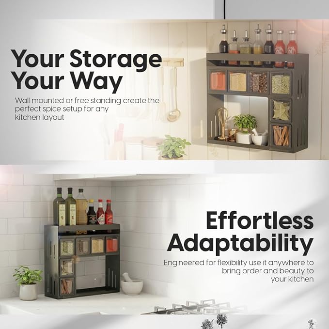Spice Rack Organizer for Cabinet – Kitchen Space-Saving Storage Solution | Spice Rack Wall Mount or Countertop organizer for pantry, Bathroom or Home Decor.