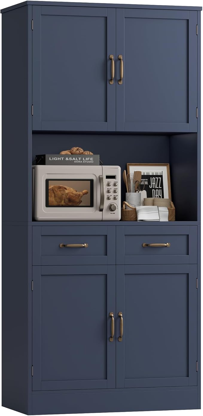 HOSTACK 71“ Tall Kitchen Pantry Storage Cabinet, Modern Kitchen Hutch Bar Cabinet with Microwave Stand, Wood Buffet Sideboard with Hutch, Cupboard with Drawers, Shelves for Dining Room, Blue