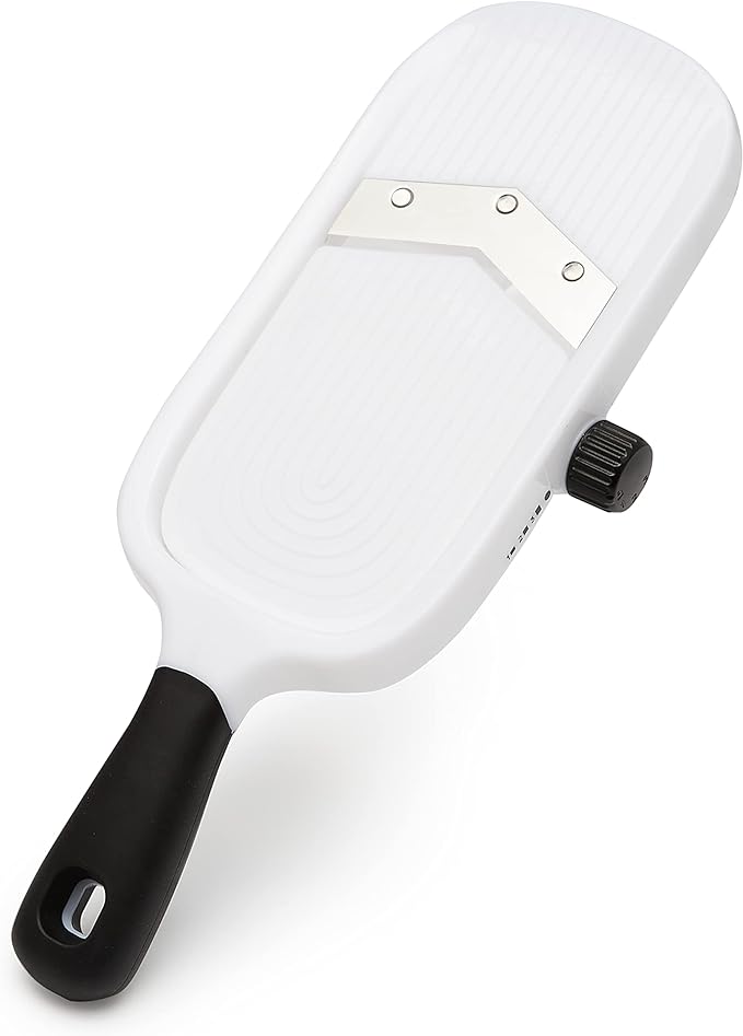 Amazon Basics Hand-held Safe Mandoline Slicer for Vegetables and Fruits, Adjustable Thickness, Stainless Steel Blade, White, 11.3" x 4.5" x 2.5"