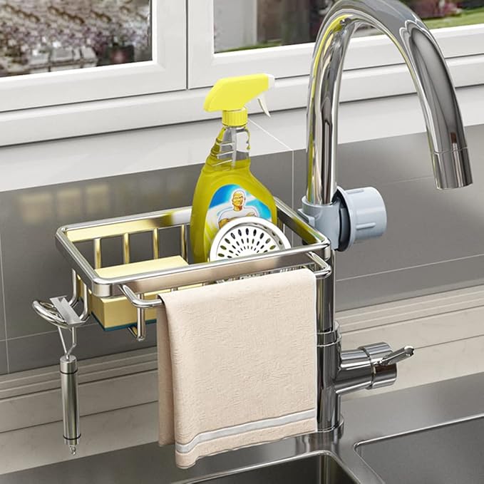 Faucet Sponge Holder Upgraded Kitchen Sink Caddy Organizer with Dish Towels Drying Rack & Hooks Over Faucet Hanging Faucet Drain Rack for Sink Organizer (with Towel Rack-Left, Silver)
