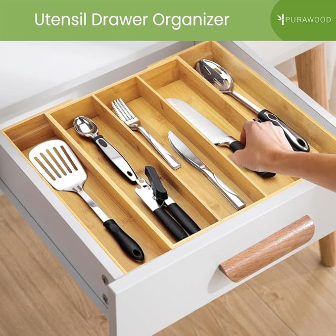 Purawood Bamboo Drawer Organizer, 2 Pack - Expandable Silverware Organizer & Utensil Organizer, Cutlery Tray with Dividers, 7-9 Slots - Premium Kitchen Organizer for Utensils & Flatware (Natural)