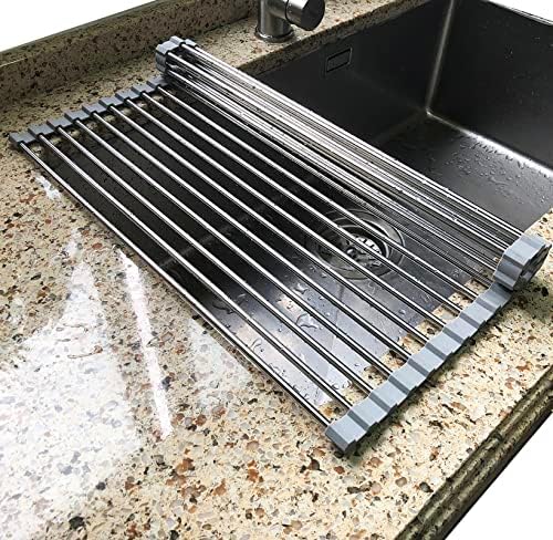 Roll Up Dish Drying Rack Over Sink, SUS304 Steel, 17.8x15.7,Gray
