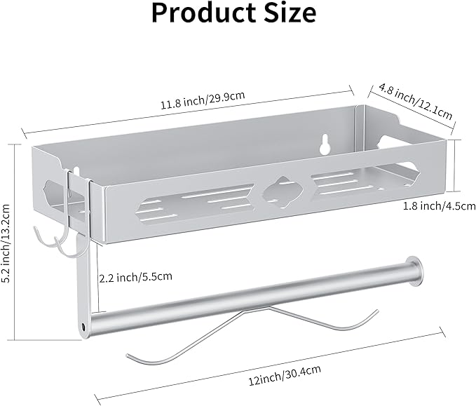 Paper Towel Holder Wall Mount, MAYZOLOP Easy One-Hand Tear Design Paper Towel Holder with 2 Hooks, Fits Kitchen, RV, Bathroom, Self-Adhesive or Drilling Installation, Silver