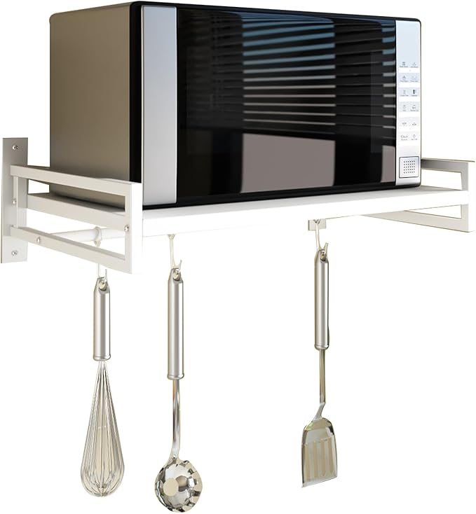 ABCOOL Wall Mount Microwave Oven Shelf Rack, White Carbon Steel Counter Countertop Holder with Hook Rail and 3 Slidable Hooks for Kitchen Home