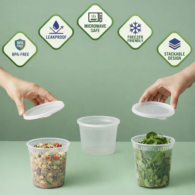 JoyServe 144 Sets Deli Containers with Lids – 16oz & 32oz – Leak Proof, Microwaveable, Dishwasher & Freezer Safe – Plastic Food Storage & Soup Containers