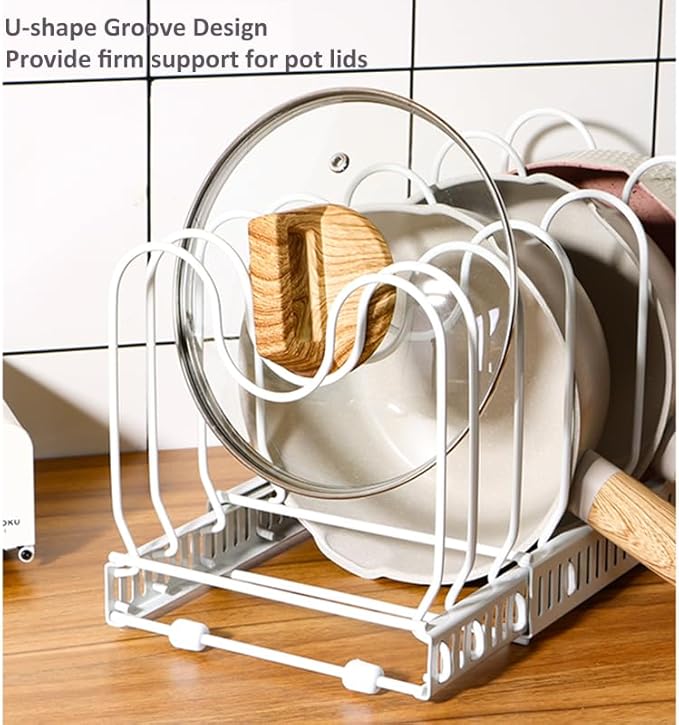 Expandable Pots and Pans Organizer Rack, Pot Lids Cutting Boards Kitchen Cabinet Organizer with 7 Adjustable Compartments, Cookware Bakeware Rack for Kitchen Cabinet Countertop Storage(White)