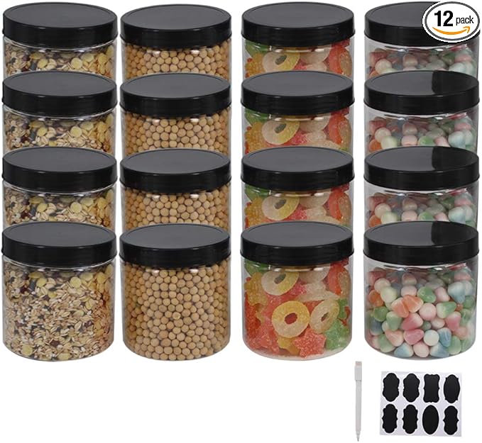 zmybcpack 12 Pack 16 oz Plastic Jars with Lids, Extra Labels, 1 Pen, Clear PET Seal Jar for Food Storage,Wide Opening Storage jar For Dry Food, Peanut, Powder, Kitchen & Craft Storage
