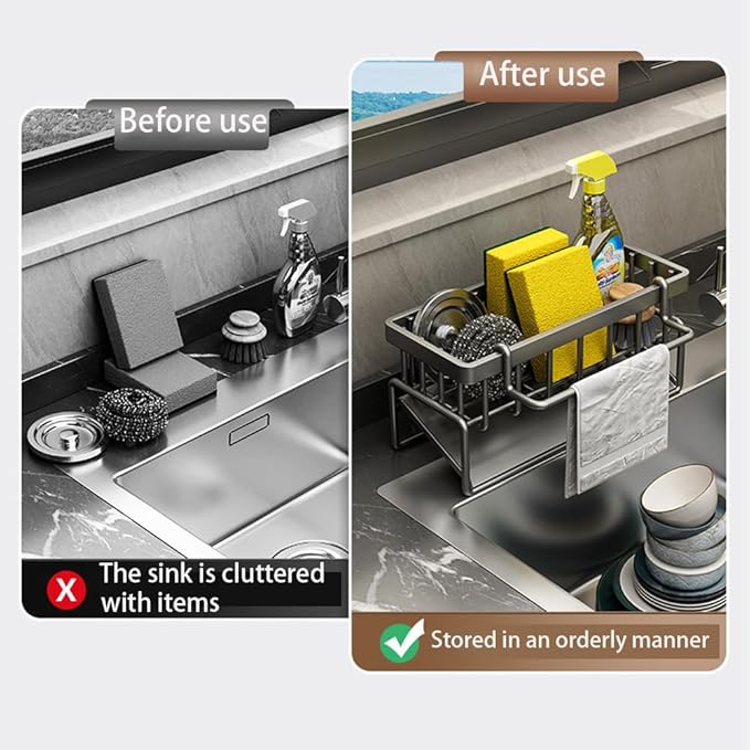 Sink Caddy Kitchen Sink Organizer, Sponge Holder for Kitchen Countertop for Dish Brush Gloves, Dish Cloth Hanger, Rustproof Kitchen Caddy with Drip Tray (Black)
