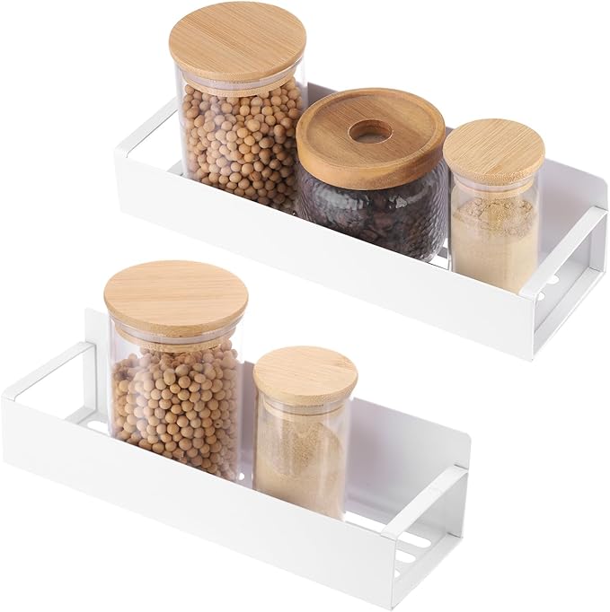 uxcell 2pcs Magnetic Spice Rack Organizer for Refrigerator, Magnetic Fridge Organizer with Hook, Metal Fridge Shelf, Wall Mount Seasoning Organizer for Microwave Oven White