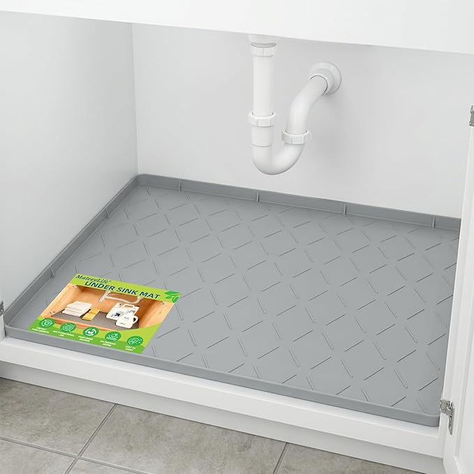 Mateeylife Under Sink Mats for Kitchen Waterproof 28"X19", Undersink Protectors，Silicone Mat Cabinet Liner, Under Sink Organizer for Bathroom and Kitchen，Boot Tray Pet Food Mat, Light Grey