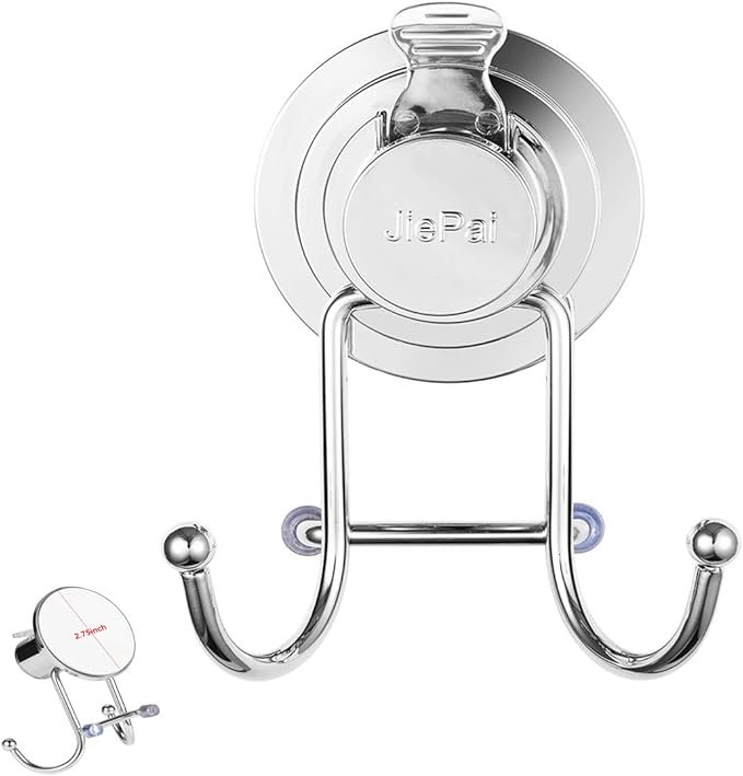 JiePai Suction Cup Towel Hooks,Shower Towel Holder for Bathroom,Suction Shower Towel Rack Organizer for Towel, Bathrobe,Loofah,Coat,Bags,Chrome (1 Pack)