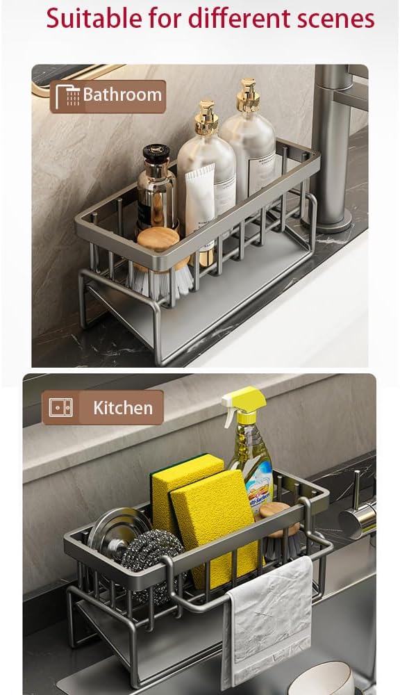 Sink Caddy Kitchen Sink Organizer, Sponge Holder for Kitchen Countertop for Dish Brush Gloves, Dish Cloth Hanger, Rustproof Kitchen Caddy with Drip Tray (Black)