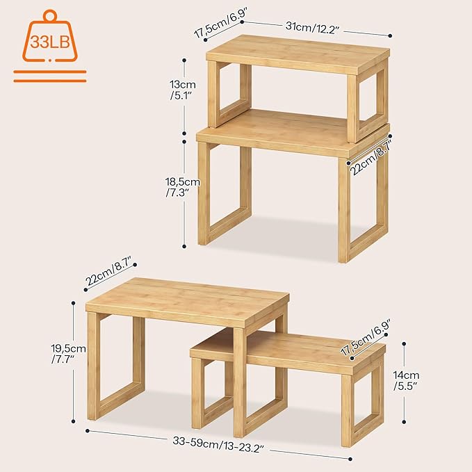HOOBRO Cabinet Organizer Shelf, Set of 2 Kitchen Counter Shelves, Expandable Kitchen Storage, Stackable Bamboo Spice Rack, for Kitchen, Countertop, Office Desk, Living Room, Natural YL20TL01
